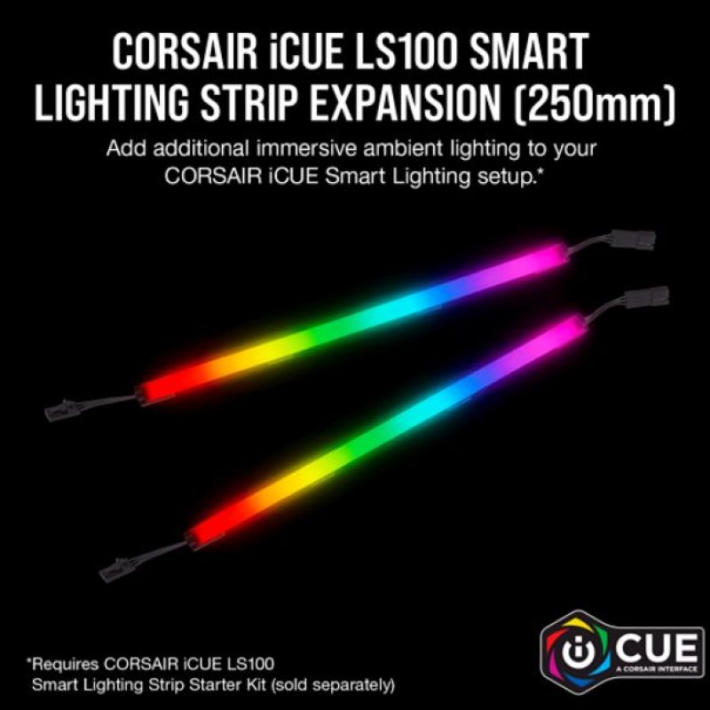 海盗船 iCUE LS100 Smart Lighting Strip Expansion Kit -2x 250mm Addressable LED Strip, RGB Ext Cable, Adhesive Tape, Cable Clips. 2 Years Warranty.