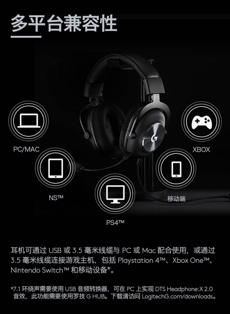 罗技 PRO X Gaming Headset 降噪游戏耳机 7.1声道耳机 听声辩位