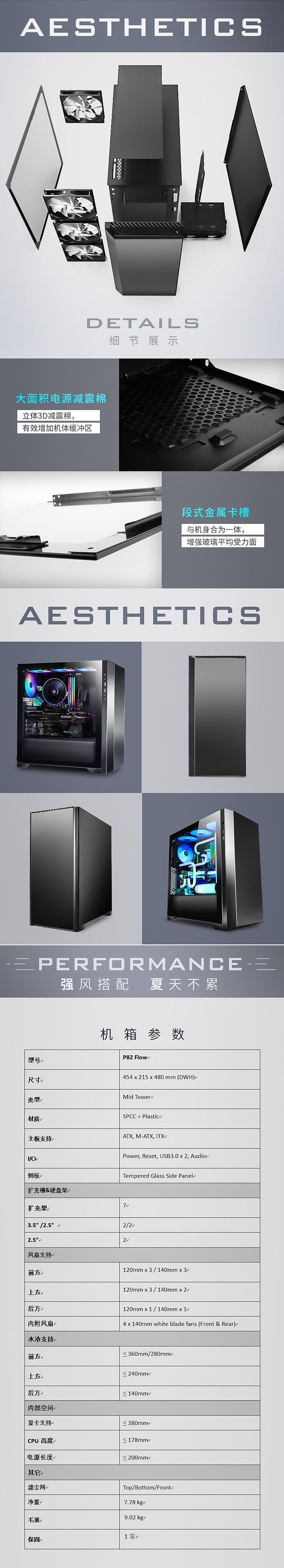 安钛克 Antec P82 Flow 4x 140mm White Fan. Extreme Cooling Configurations, VGA 380mm, CPU 178mm, PSU 220mm,  ATX, M-ATX, ITX Case
