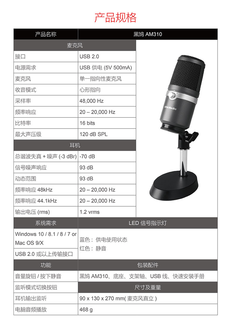 AVerMedia AM310 电容麦克风 网红喊麦k歌游戏专业录音 指向性收音