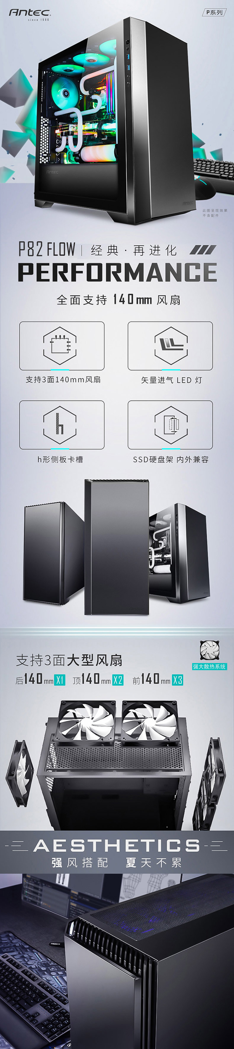 安钛克 Antec P82 Flow 4x 140mm White Fan. Extreme Cooling Configurations, VGA 380mm, CPU 178mm, PSU 220mm,  ATX, M-ATX, ITX Case