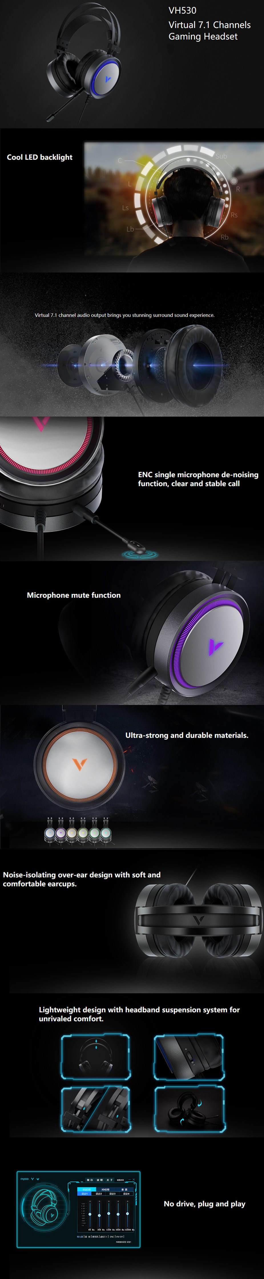 Rapoo VH500 Illuminated RGB Glow Virtual 7.1 USB Gaming Headset - Black - Overview 1