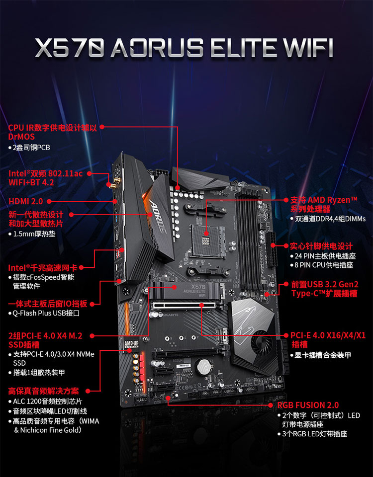 Gigabyte 技嘉 电竞精英 X570 AORUS ELITE WIFI Ryzen AM4 ATX