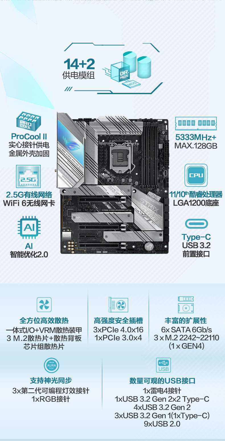 华硕 玩家国度 ASUS ROG STRIX Z590-A GAMING WIFI Intel Z590 LGA 1200 ATX