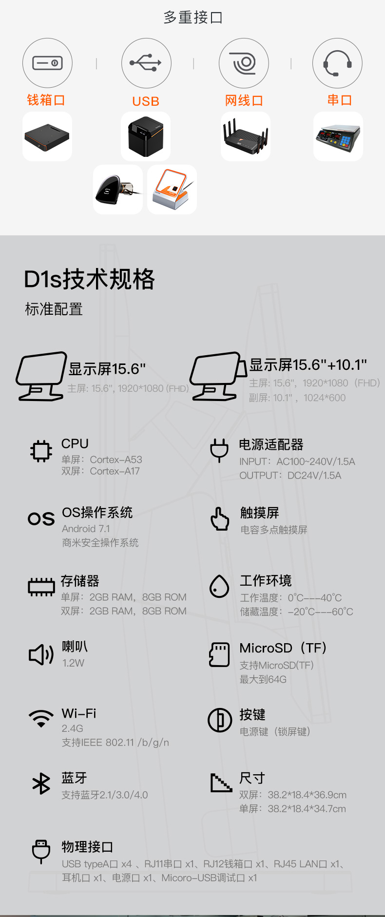 商米 SUNMI-D1s 零售便利店收银机 触摸双屏收银系统