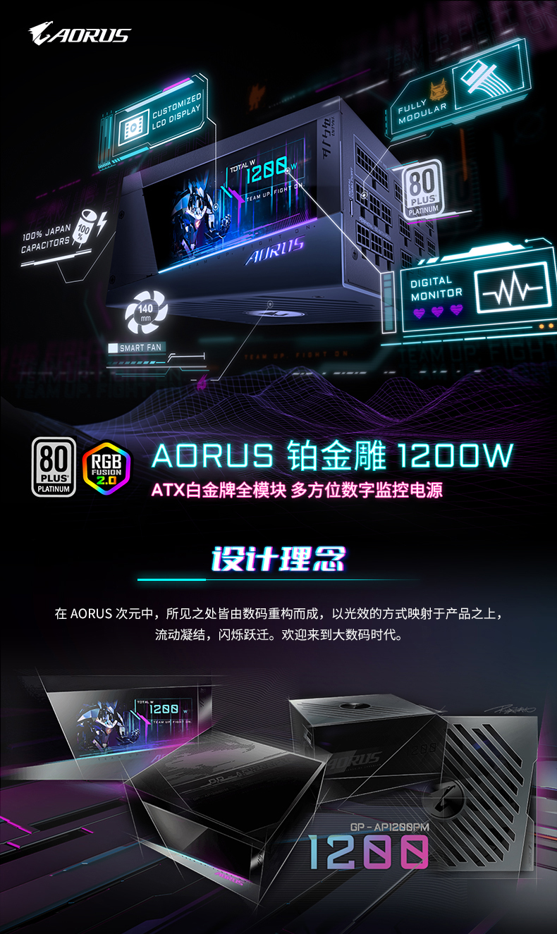 技嘉AP1200M额定1200W白金牌全模组电脑静音全电压ATX电源